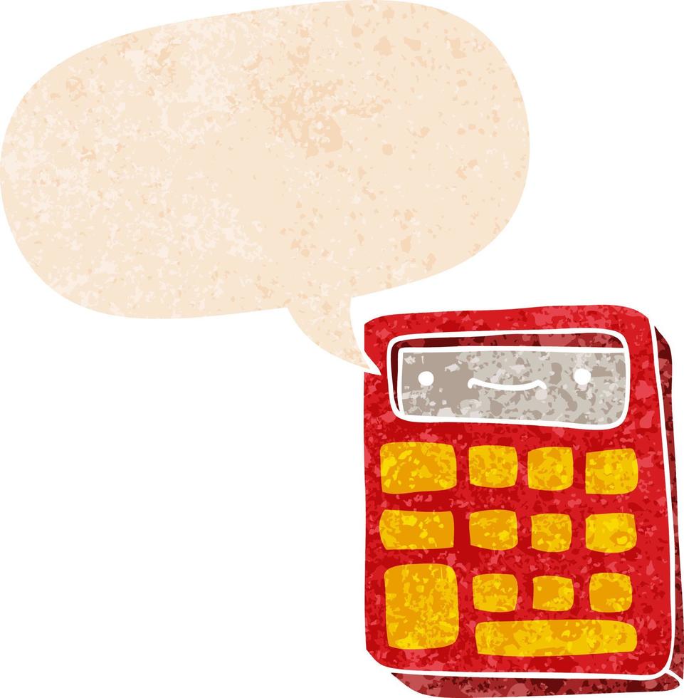 cartoon rekenmachine en tekstballon in retro getextureerde stijl vector