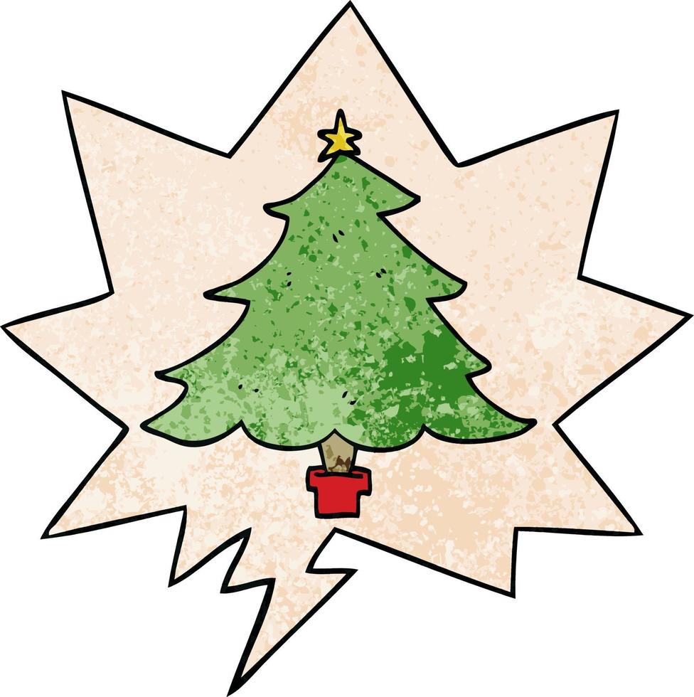 cartoon kerstboom en tekstballon in retro textuurstijl vector