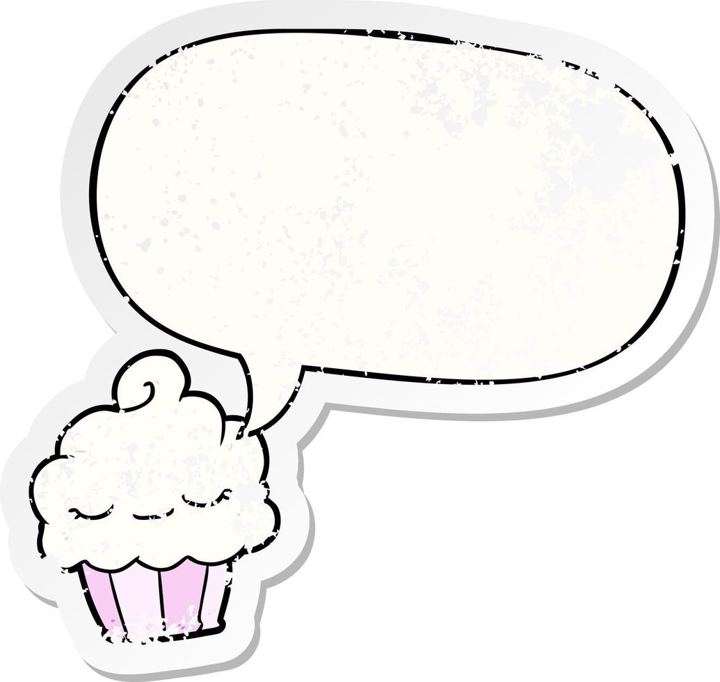 grappige cartoon cupcake en tekstballon noodlijdende sticker vector