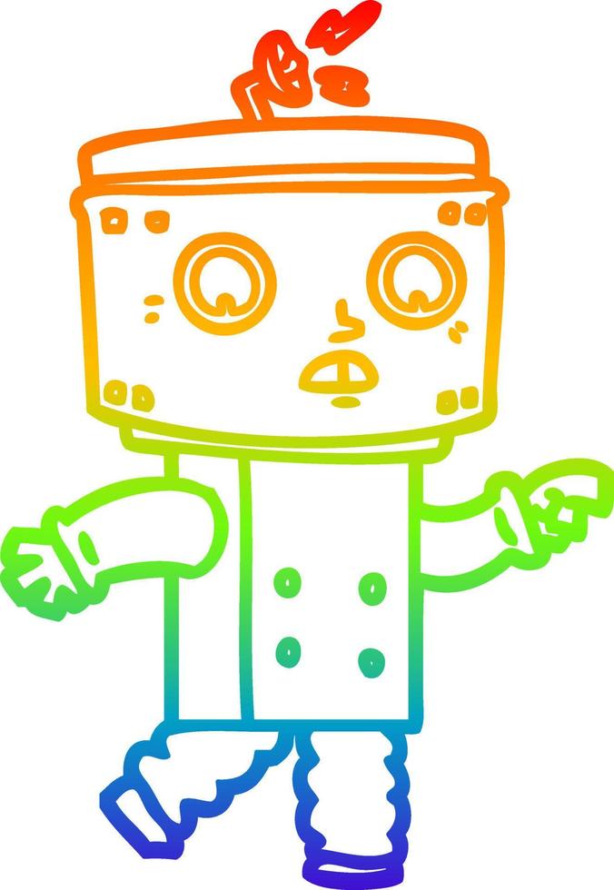 regenbooggradiënt lijntekening cartoon robot wijzend vector