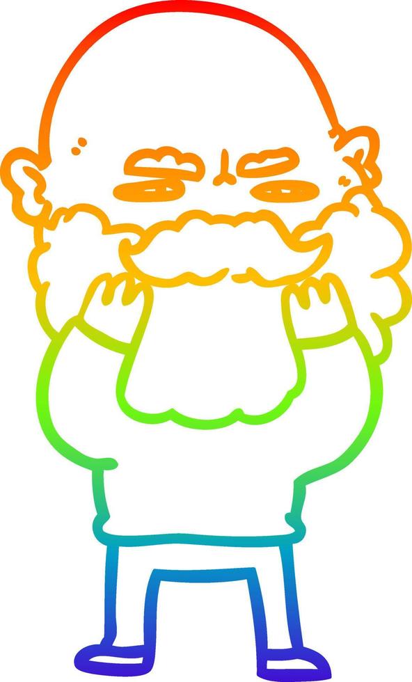 regenbooggradiënt lijntekening cartoon man met baard die fronst en zijn baard controleert vector