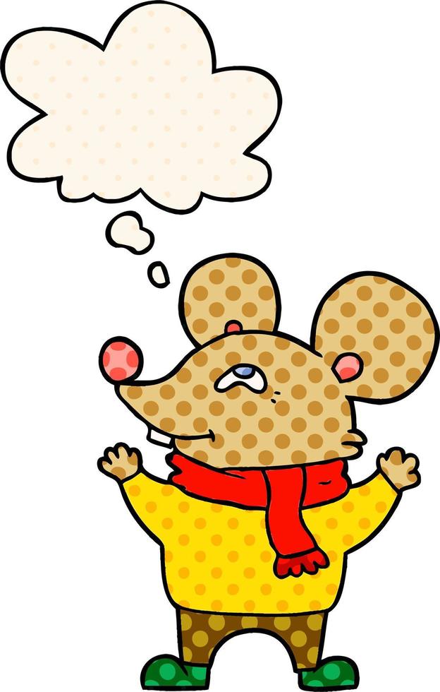 cartoon muis met sjaal en gedachte bel in stripboekstijl vector