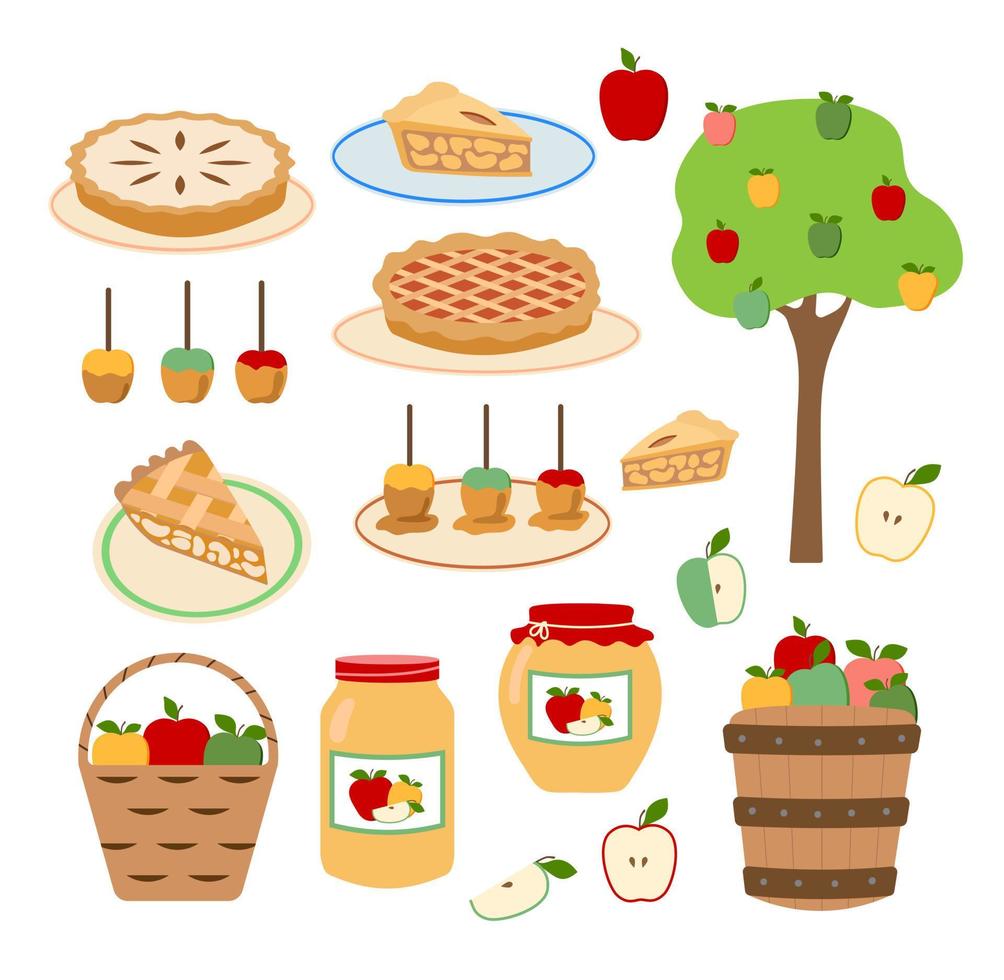 vallen vector appel illustraties set. appels, boom, appel in mand, snoep, cake, gelei, jam, taarten en plakjes appeltaart. geïsoleerd op een witte achtergrond. geweldig voor kaarten, uitnodiging, oogstfeest.