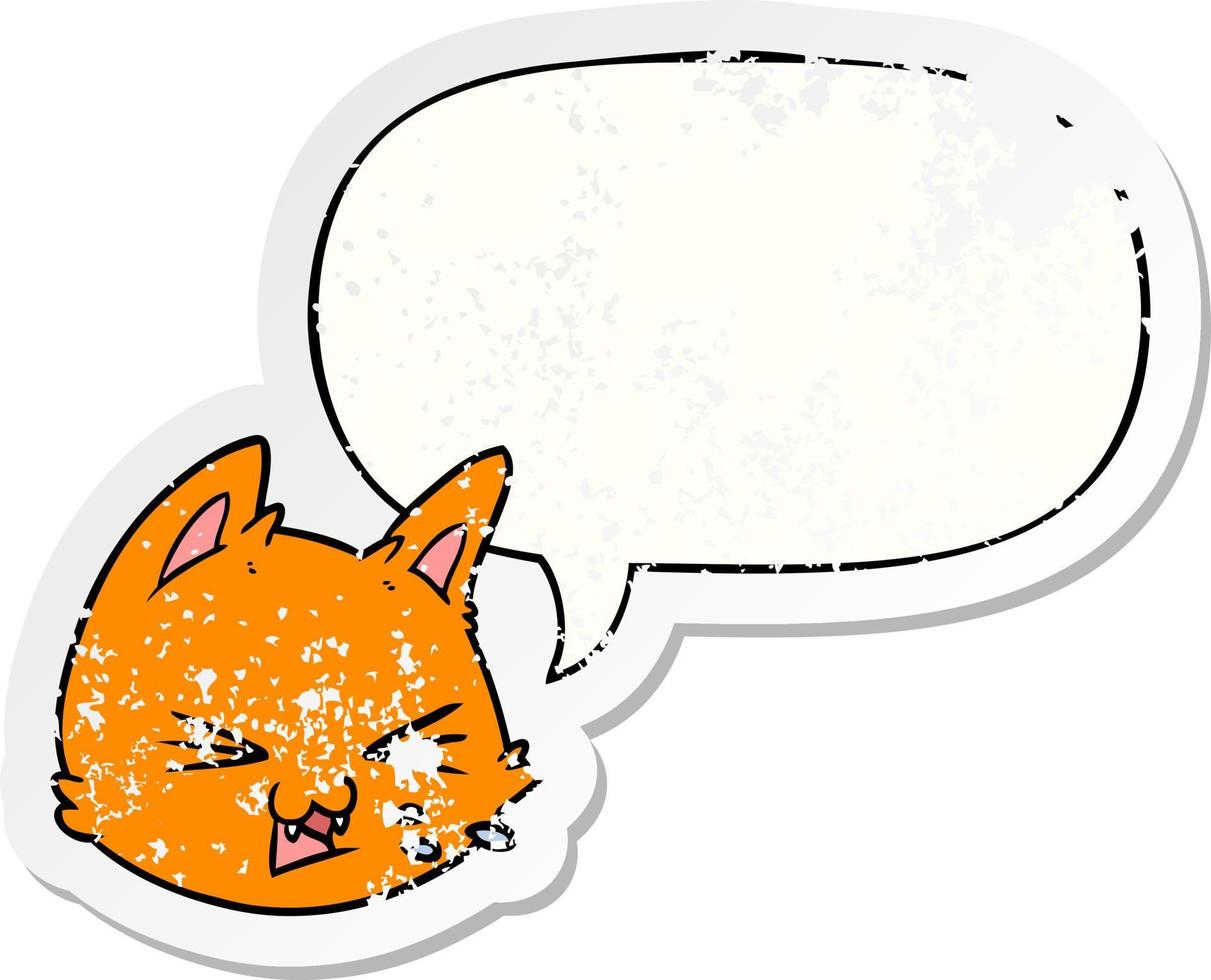 spugen cartoon kat gezicht en toespraak bubble verontruste sticker vector