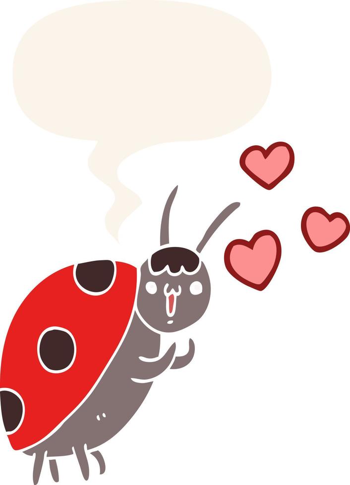 schattige cartoon lieveheersbeestje in liefde en tekstballon in retro stijl vector