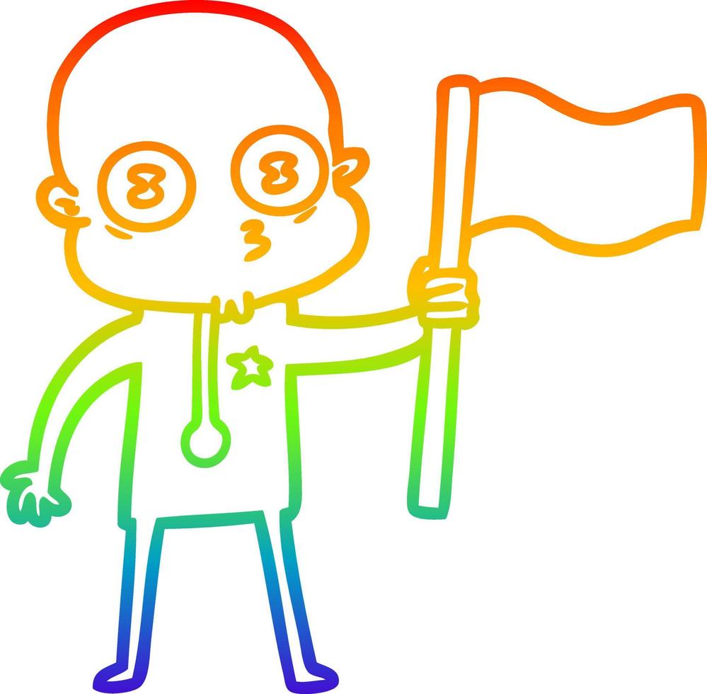 regenbooggradiënt lijntekening cartoon rare kale ruimtevaarder met vlag vector