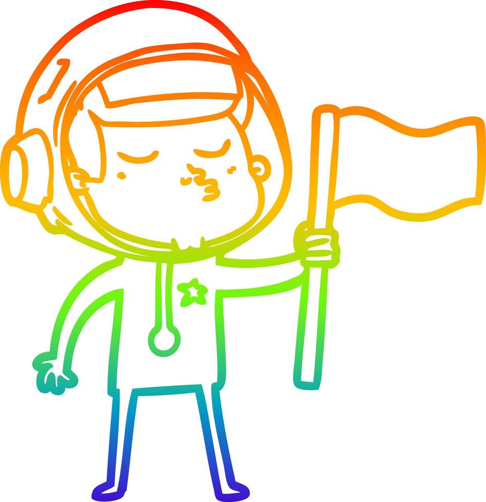 regenbooggradiënt lijntekening cartoon zelfverzekerde astronaut zwaaiende vlag vector