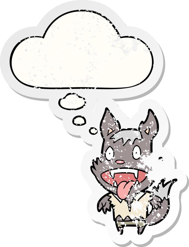 cartoon weerwolf en gedachte bel als een versleten versleten sticker vector