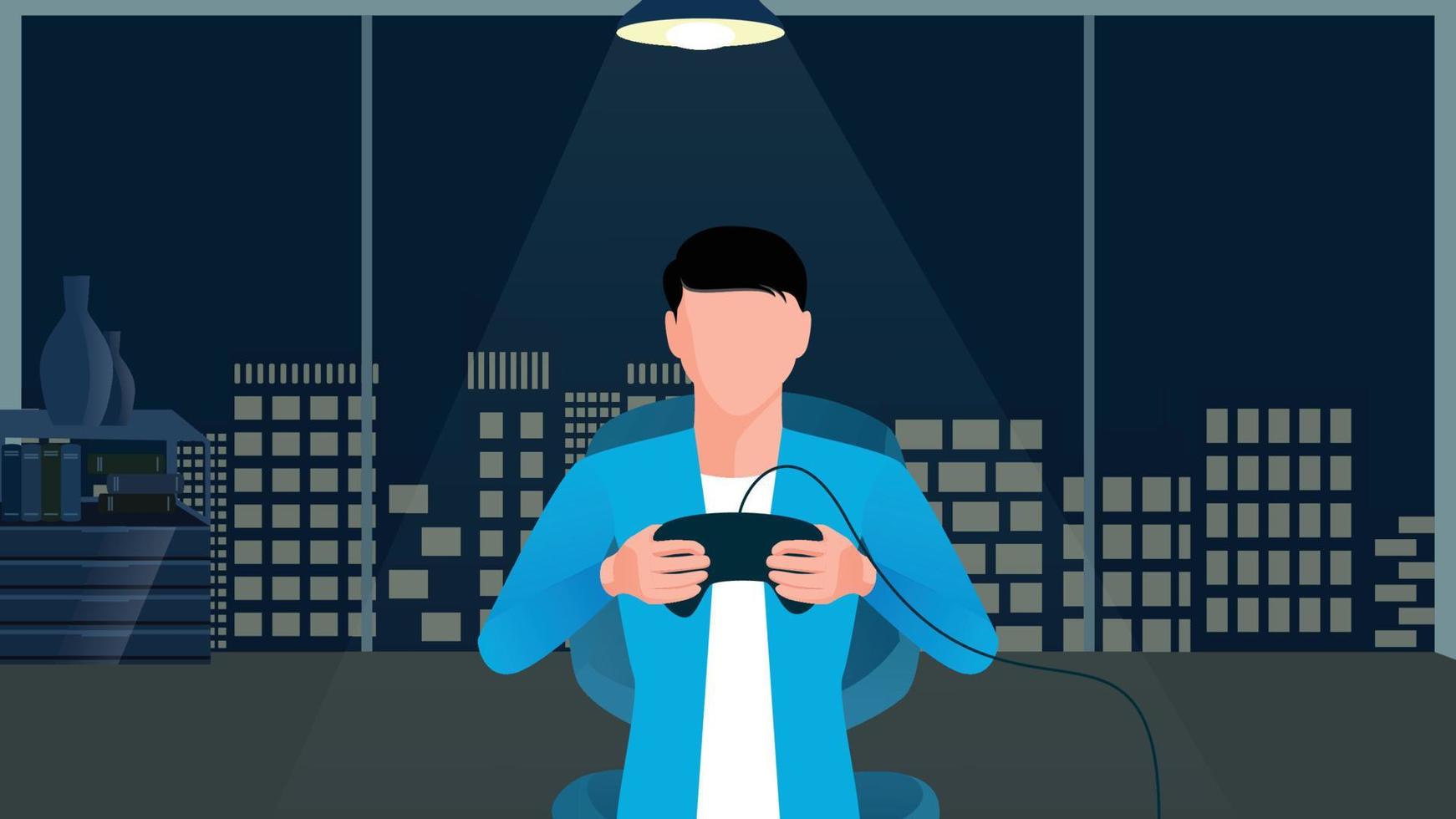 late night gamer jongen platte karakter illustratie op donkere platte stadsgezicht achtergrond vector