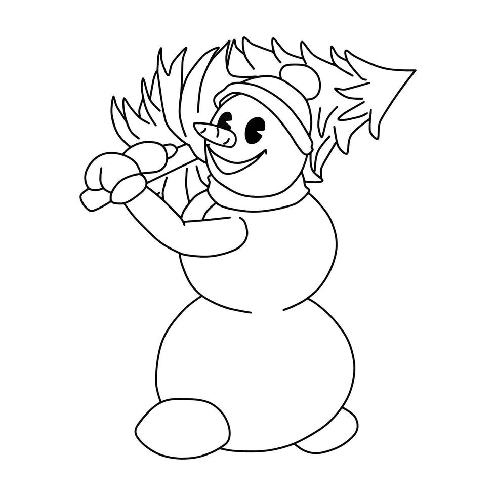 zwart-wit afbeelding, cartoon grappige sneeuwpop in een hoed draagt een dennenboom, vectorillustratie op een witte achtergrond vector