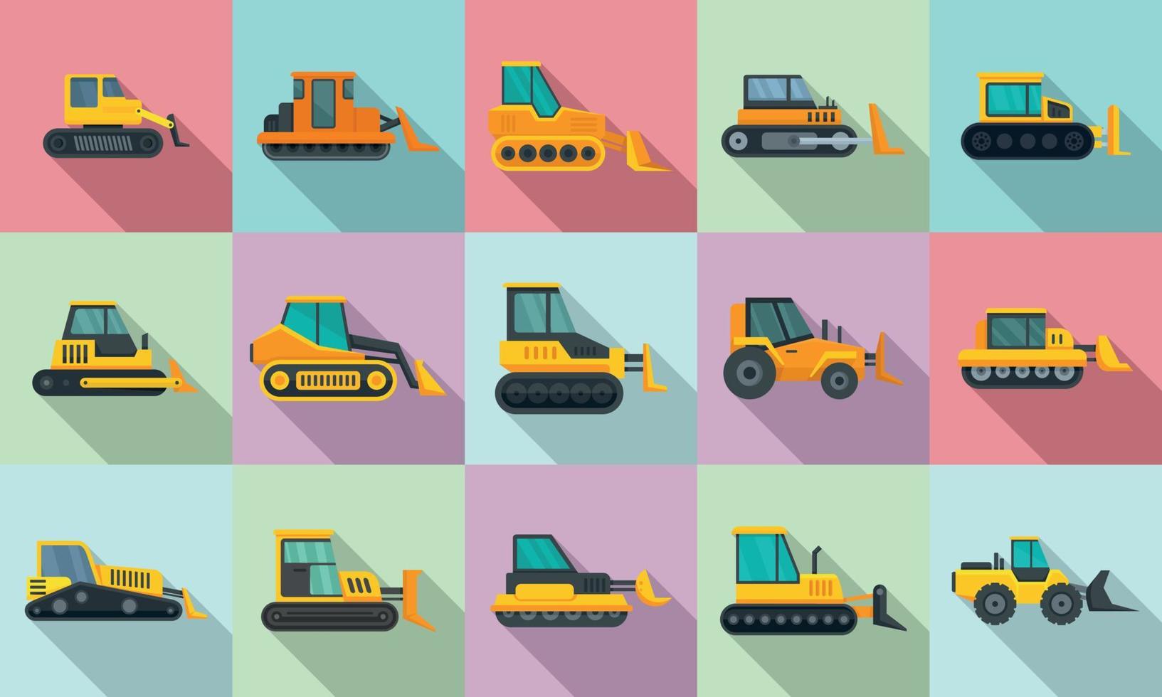 bulldozer iconen set, vlakke stijl vector