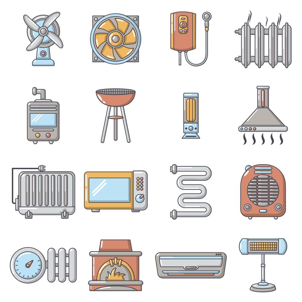warmte koele luchtstroom tools iconen set, cartoon stijl vector