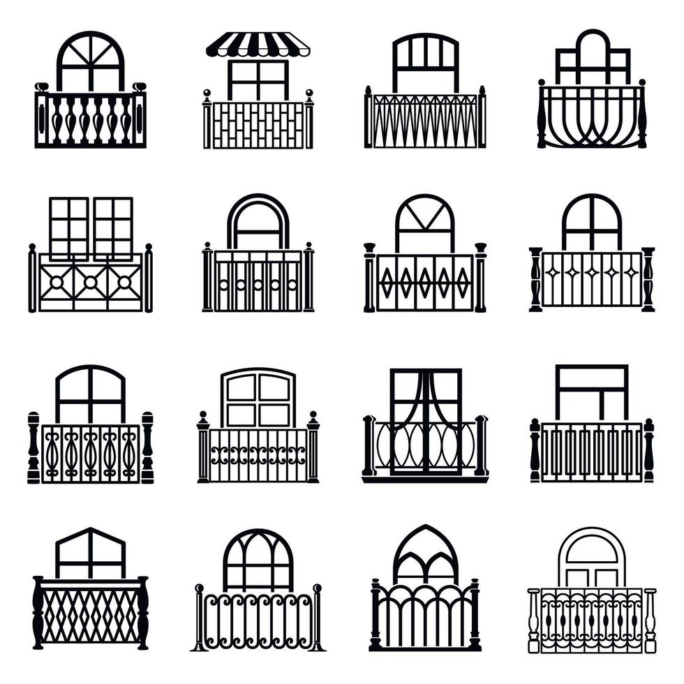 balkon venster iconen set, eenvoudige stijl vector