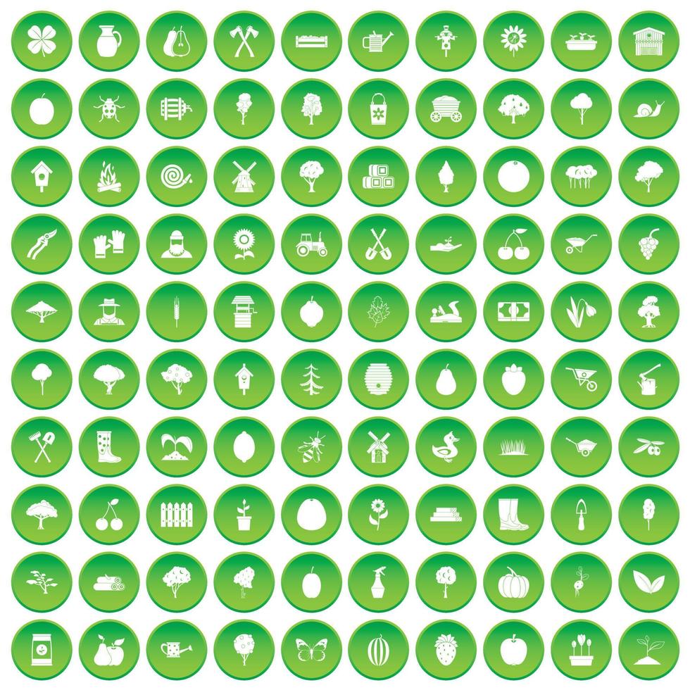 100 landbouwpictogrammen instellen groene cirkel vector