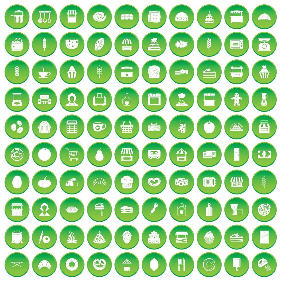 100 bakkerijpictogrammen instellen groene cirkel vector