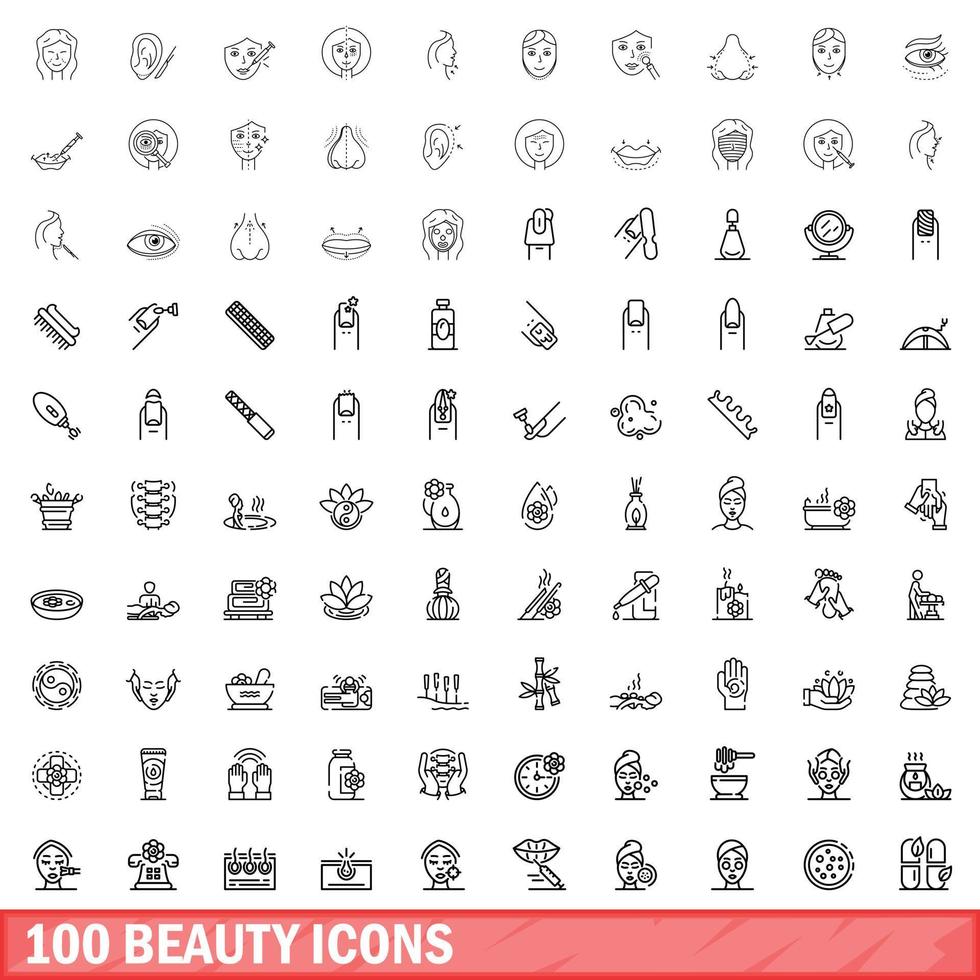 100 schoonheid iconen set, Kaderstijl vector