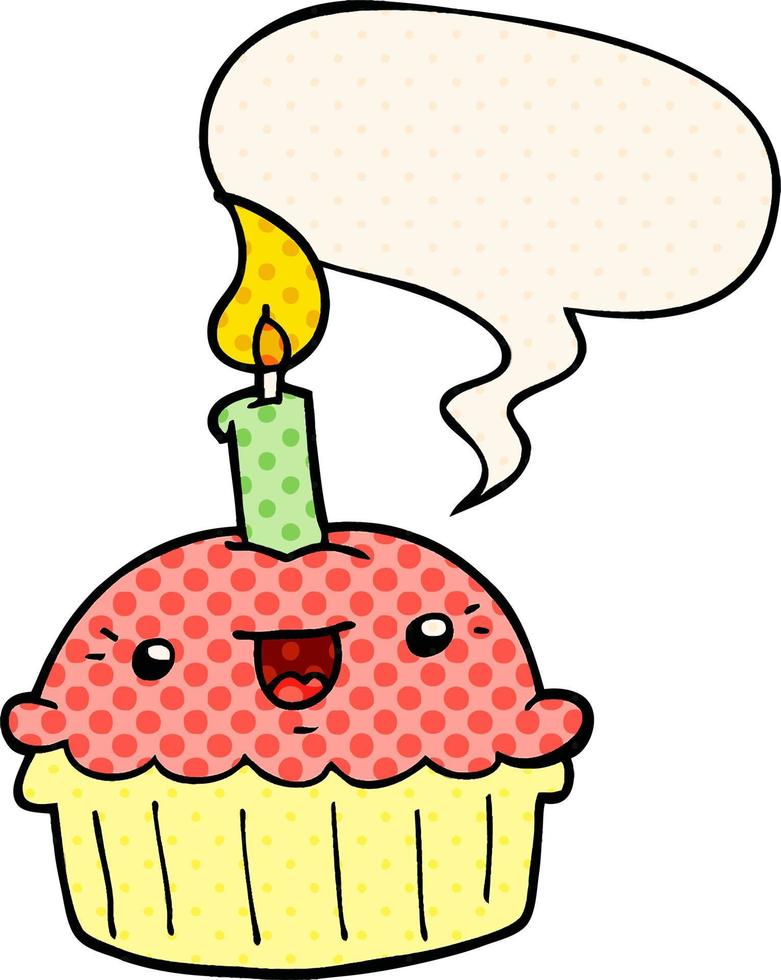cartoon cupcake en kaars en tekstballon in stripboekstijl vector