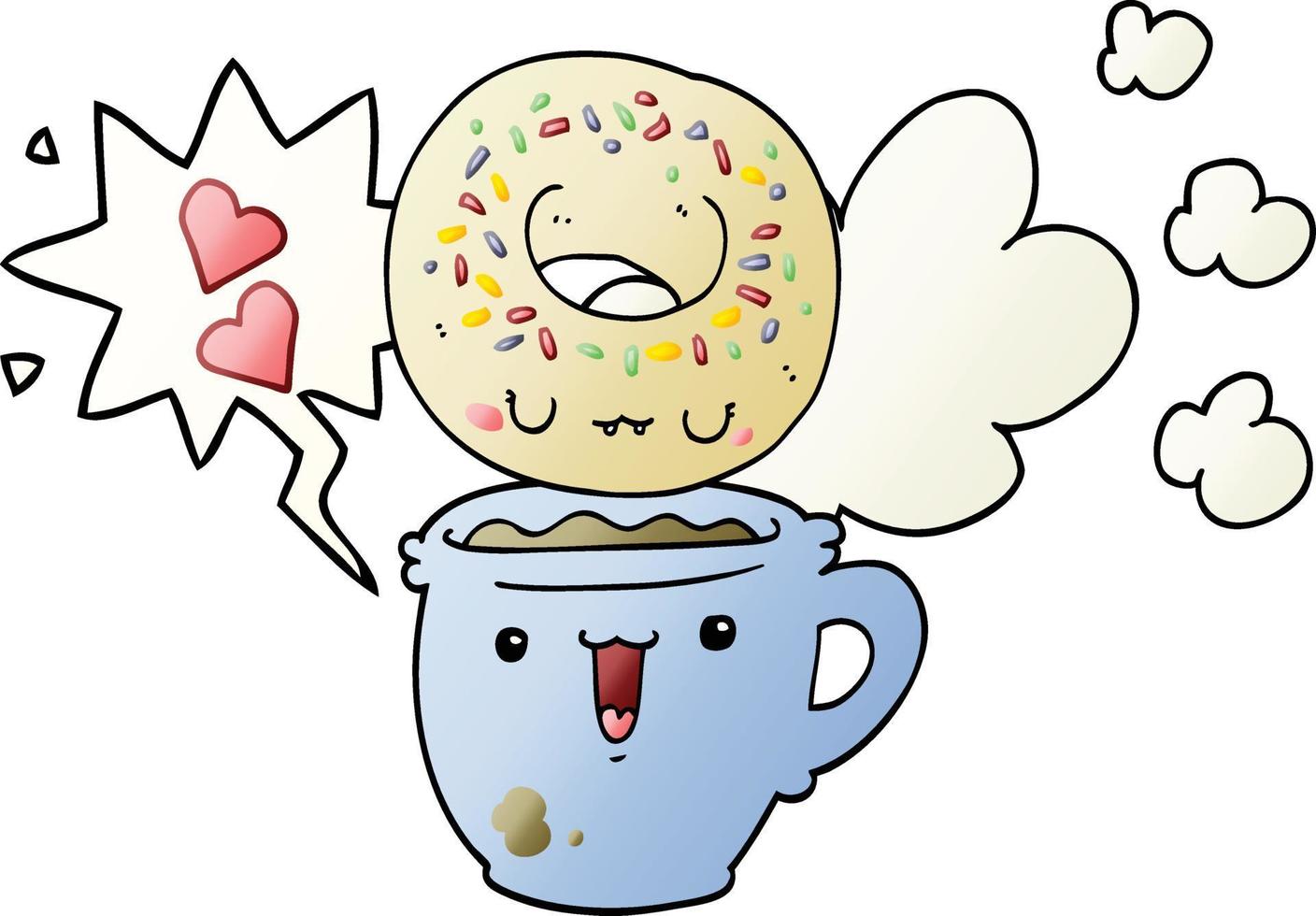 schattige cartoon donut en koffie en tekstballon in vloeiende verloopstijl vector