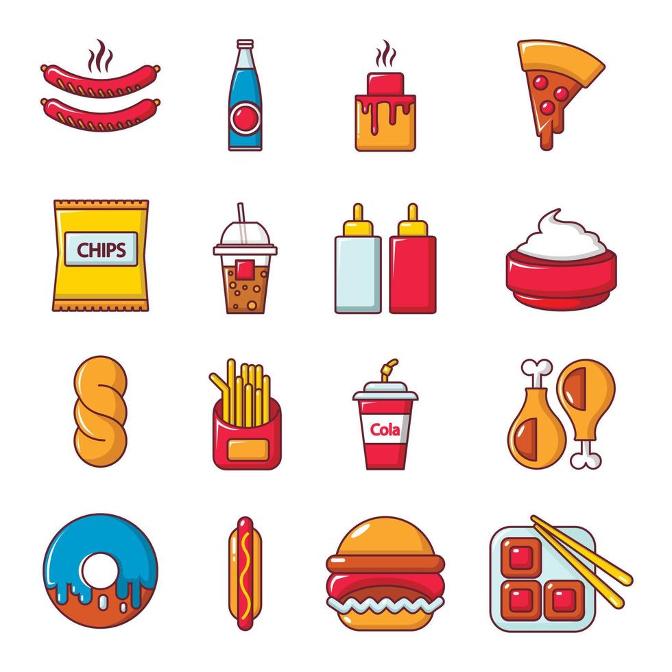 fastfood iconen set, cartoon stijl vector