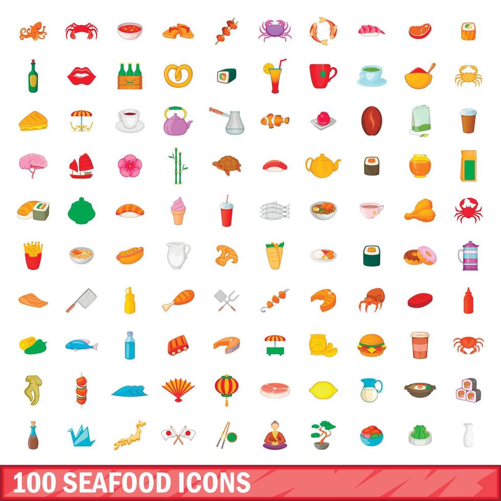 100 zeevruchten iconen set, cartoon stijl vector