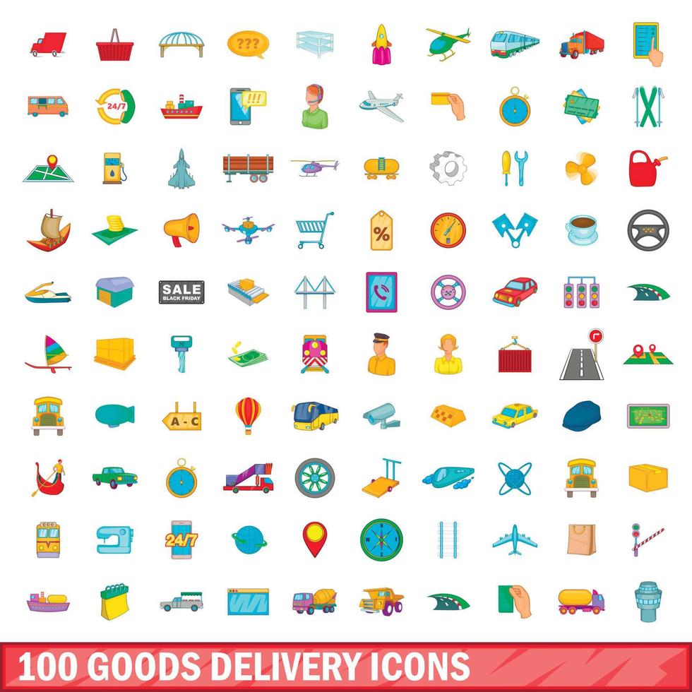 100 goederen levering iconen set, cartoon stijl vector