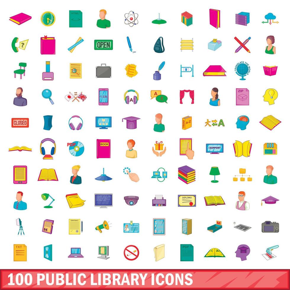 100 openbare bibliotheek iconen set, cartoon stijl vector