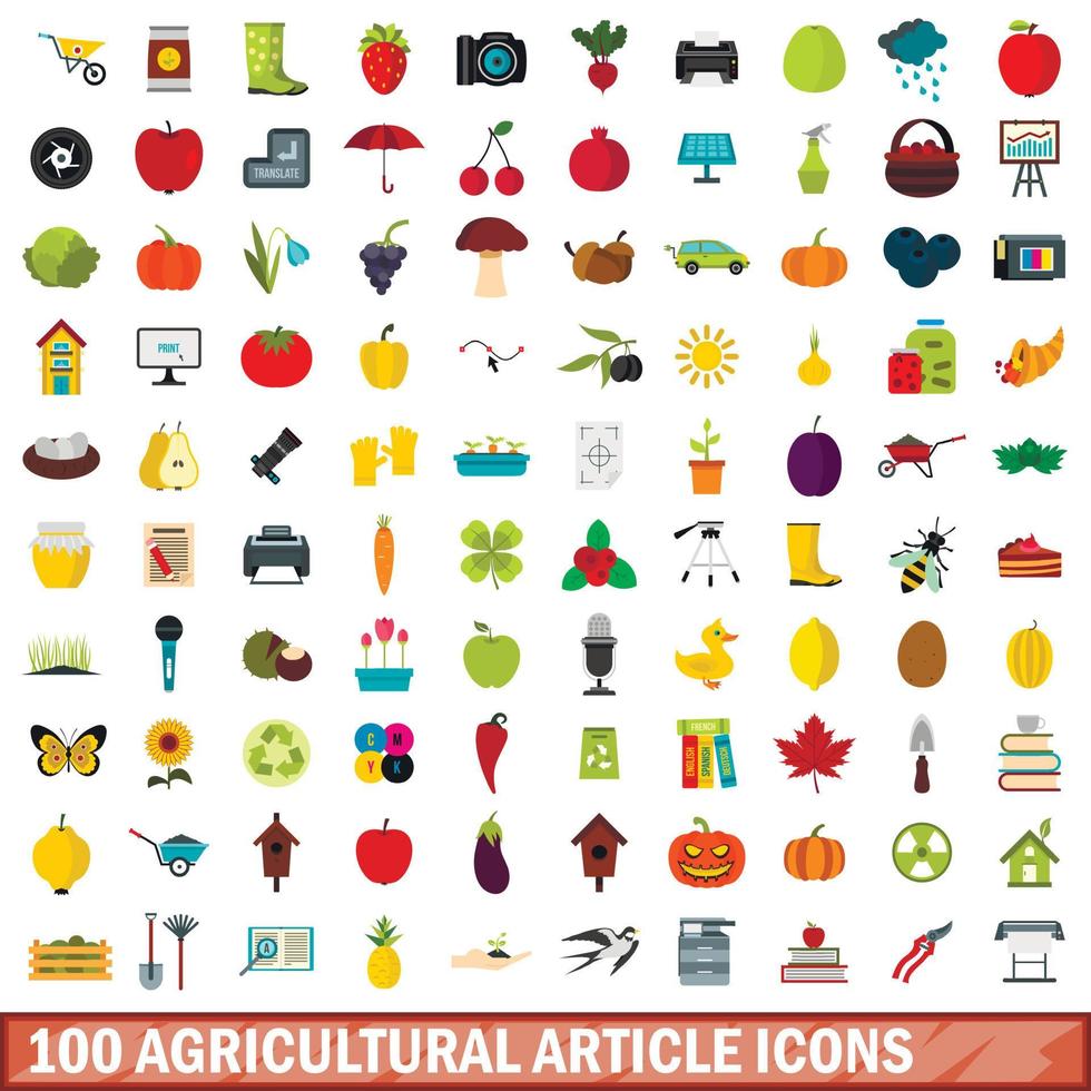 100 agrarische artikel iconen set, vlakke stijl vector