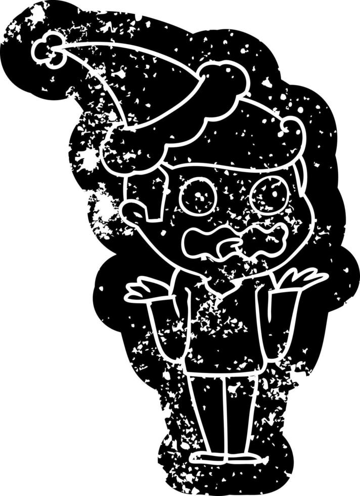 cartoon noodlijdende icoon van een man die totaal gestrest is en een kerstmuts draagt vector