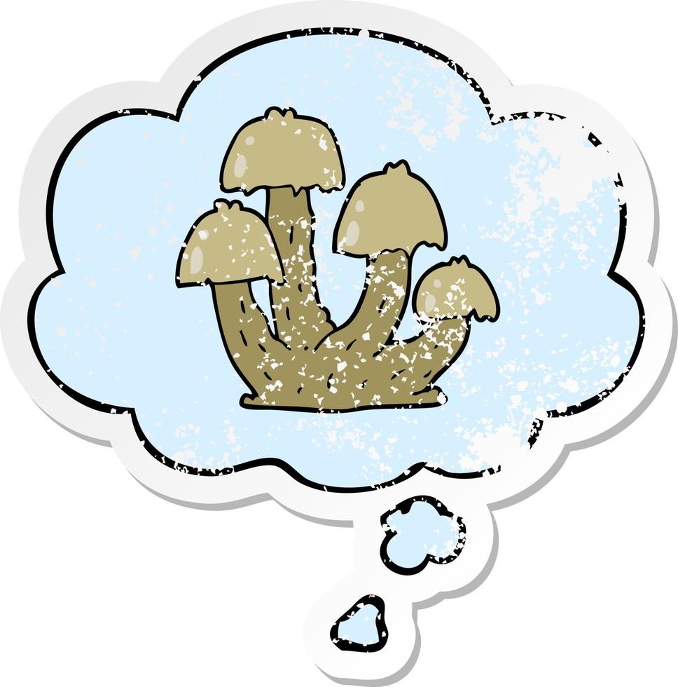 cartoonpaddestoelen en gedachtebel als een versleten versleten sticker vector