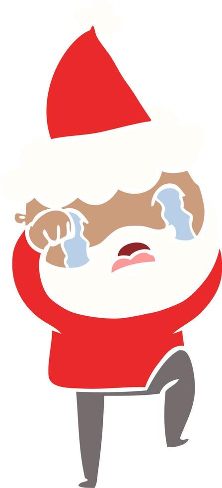 egale kleurenillustratie van een bebaarde man die huilt en stampt met een kerstmuts vector