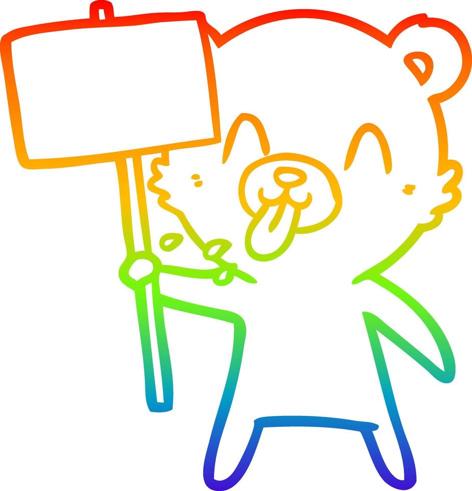 regenbooggradiënt lijntekening onbeleefde cartoon beer met protestbord vector