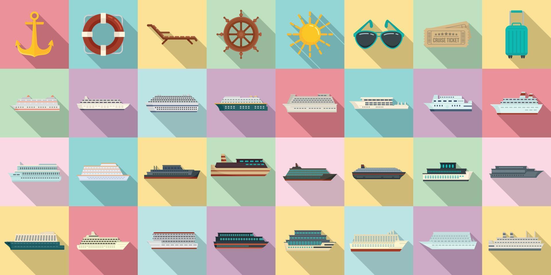 cruise iconen set, vlakke stijl vector