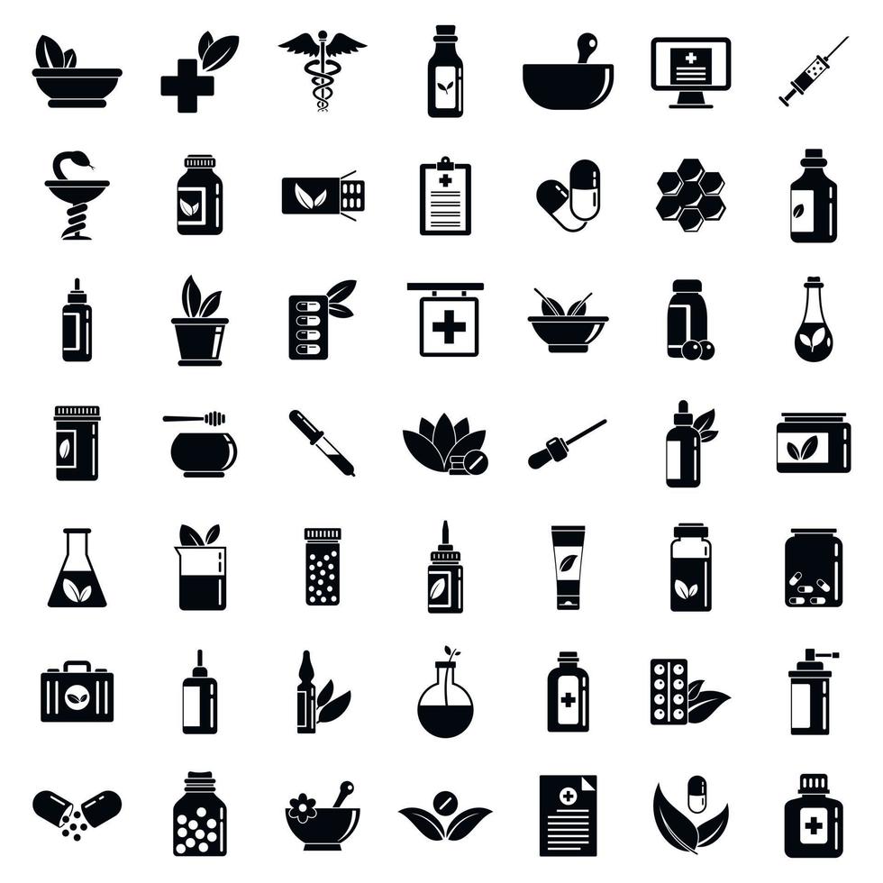 homeopathie iconen set, eenvoudige stijl vector