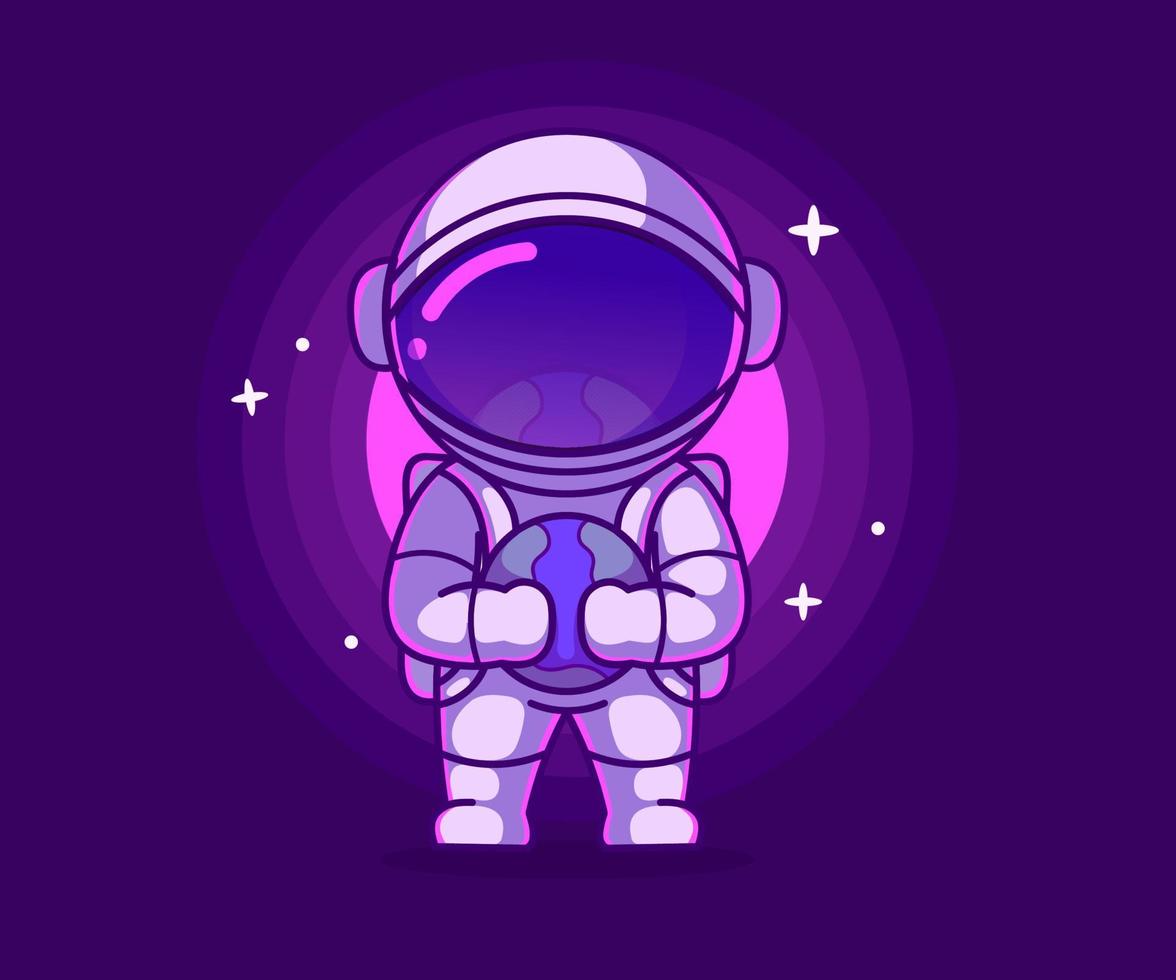 astronaut mascotte illustratie knuffelen de aarde. pictogram vector, platte cartoon stijl. vector