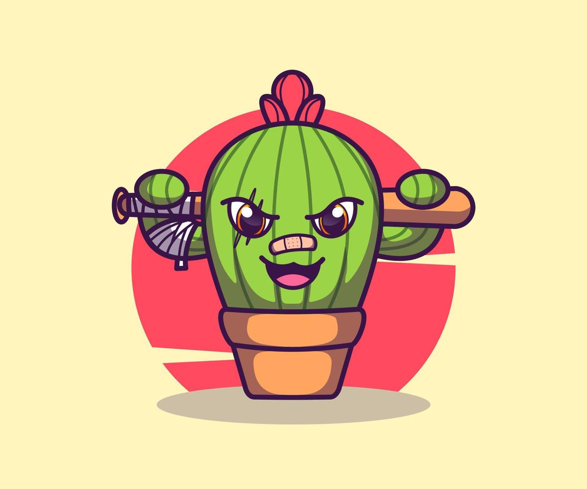 illustratie van een cactus mascotte met een stok, pictogram vector, platte cartoon stijl. vector