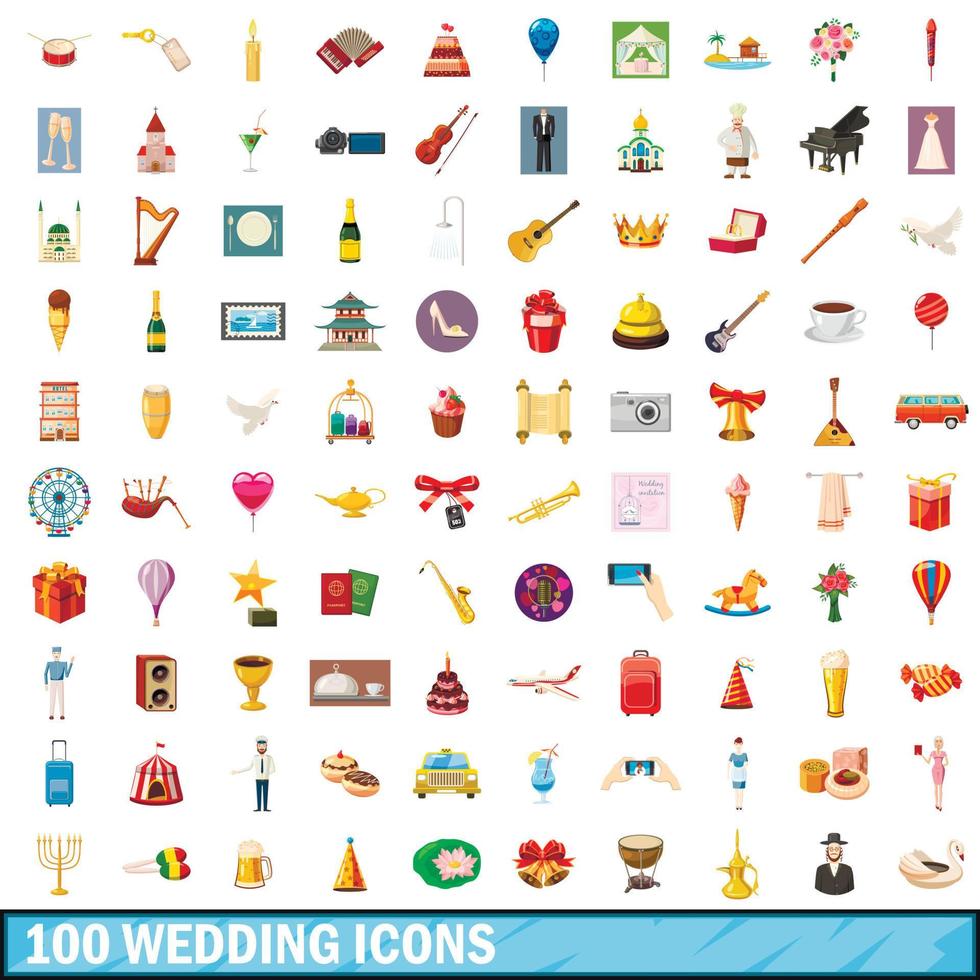 100 bruiloft iconen set, cartoon stijl vector