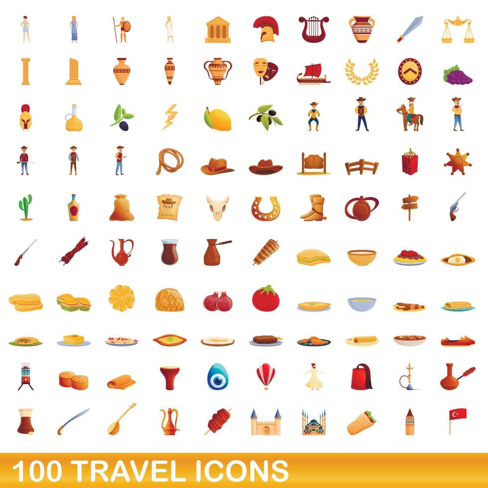 100 reizen iconen set, cartoon stijl vector