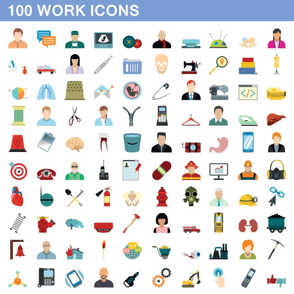 100 werk iconen set, vlakke stijl vector
