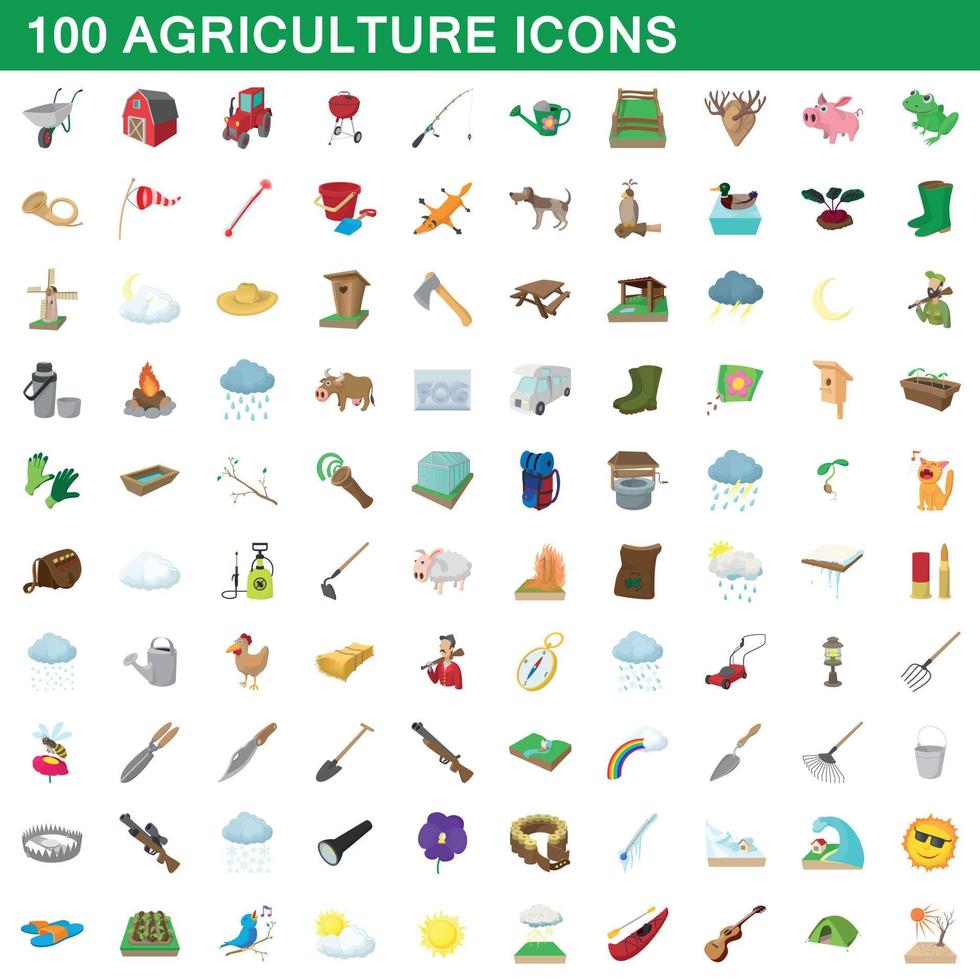 100 landbouw iconen set, cartoon stijl vector