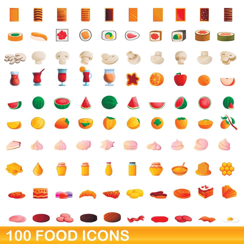 100 voedsel iconen set, cartoon stijl vector