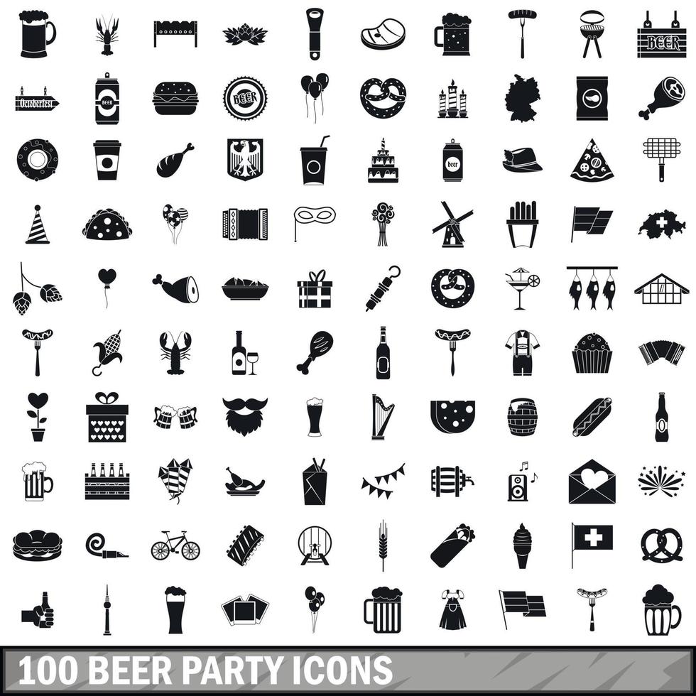 100 bier partij iconen set, eenvoudige stijl vector
