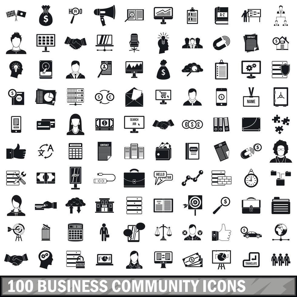 100 zakelijke gemeenschap iconen set, eenvoudige stijl vector