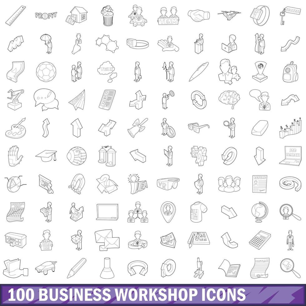 100 zakelijke workshop iconen set, Kaderstijl vector