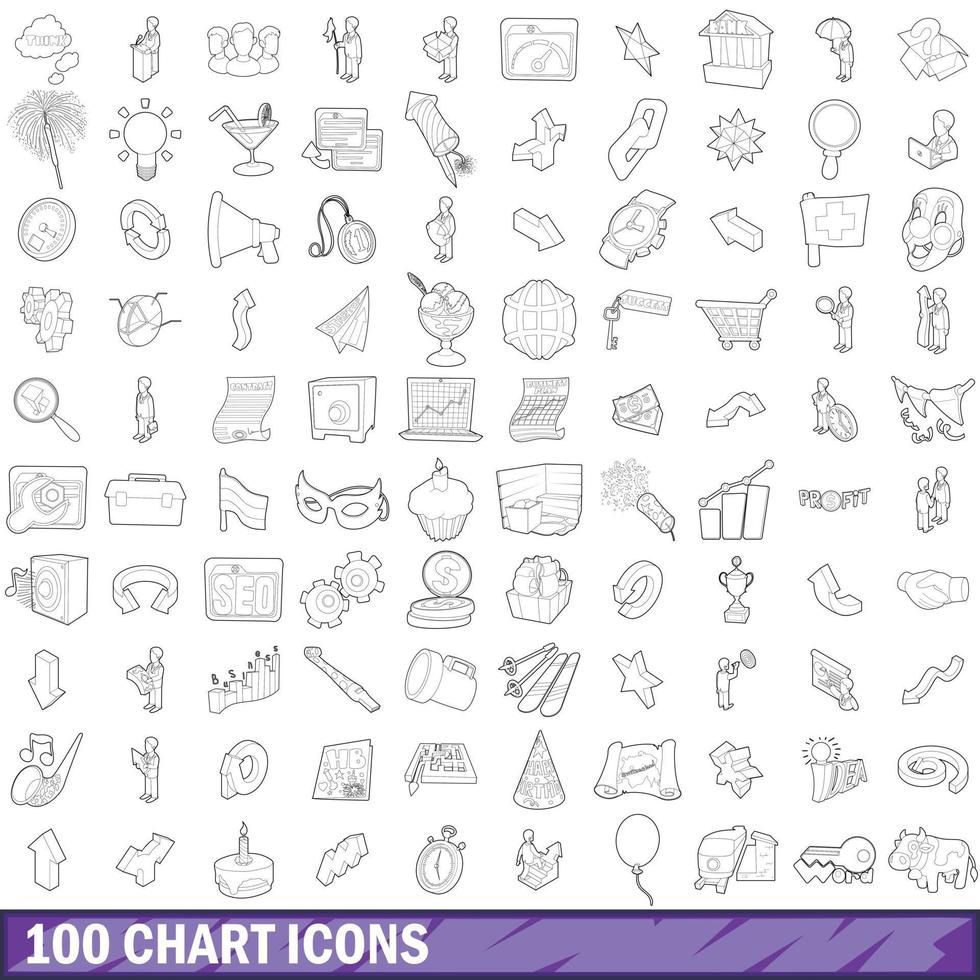 100 grafiek iconen set, Kaderstijl vector