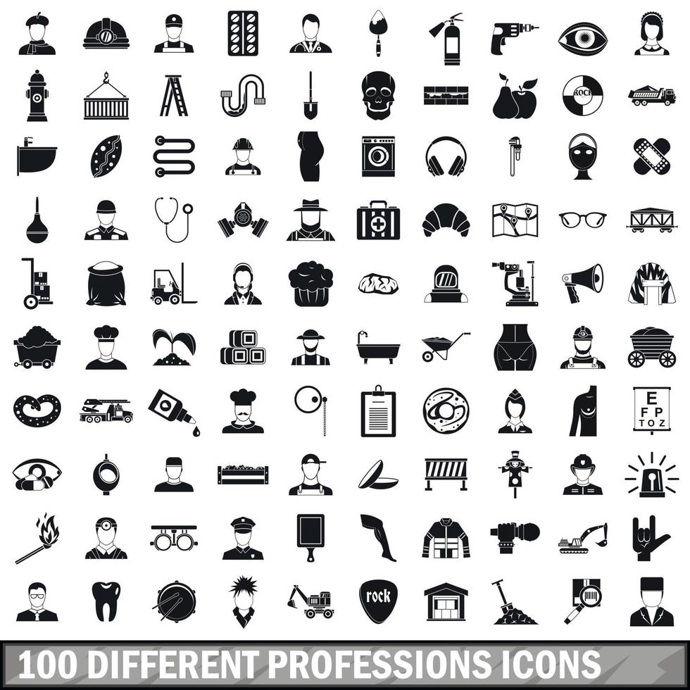 100 verschillende beroepen iconen set, eenvoudige stijl vector