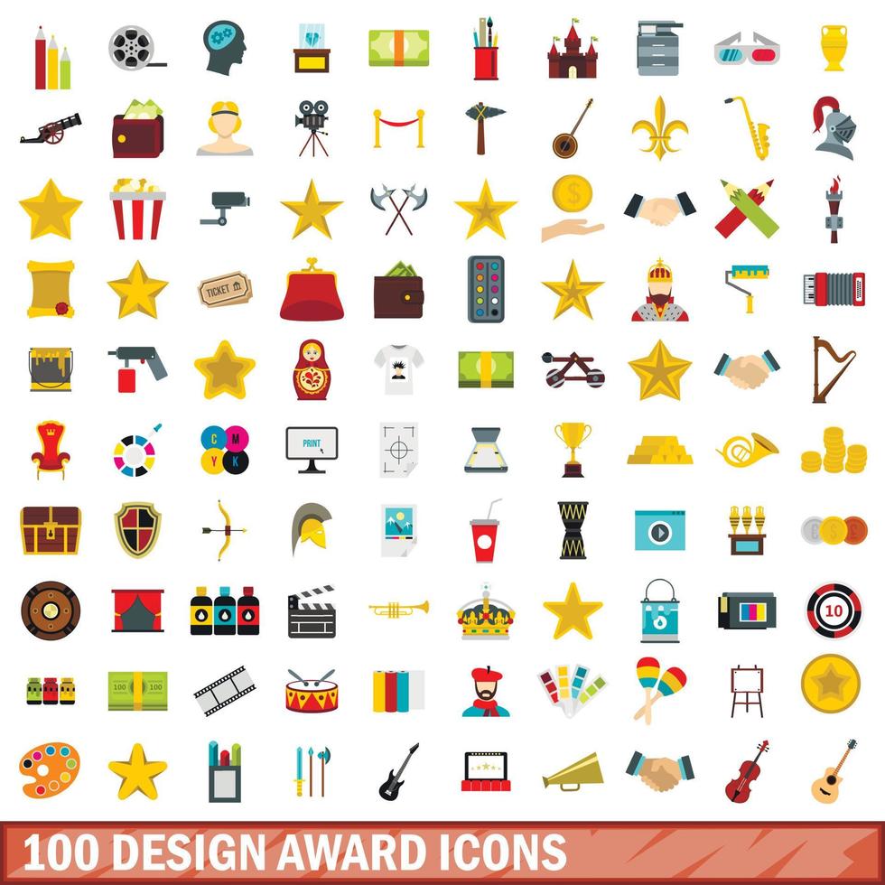 100 design award iconen set, vlakke stijl vector