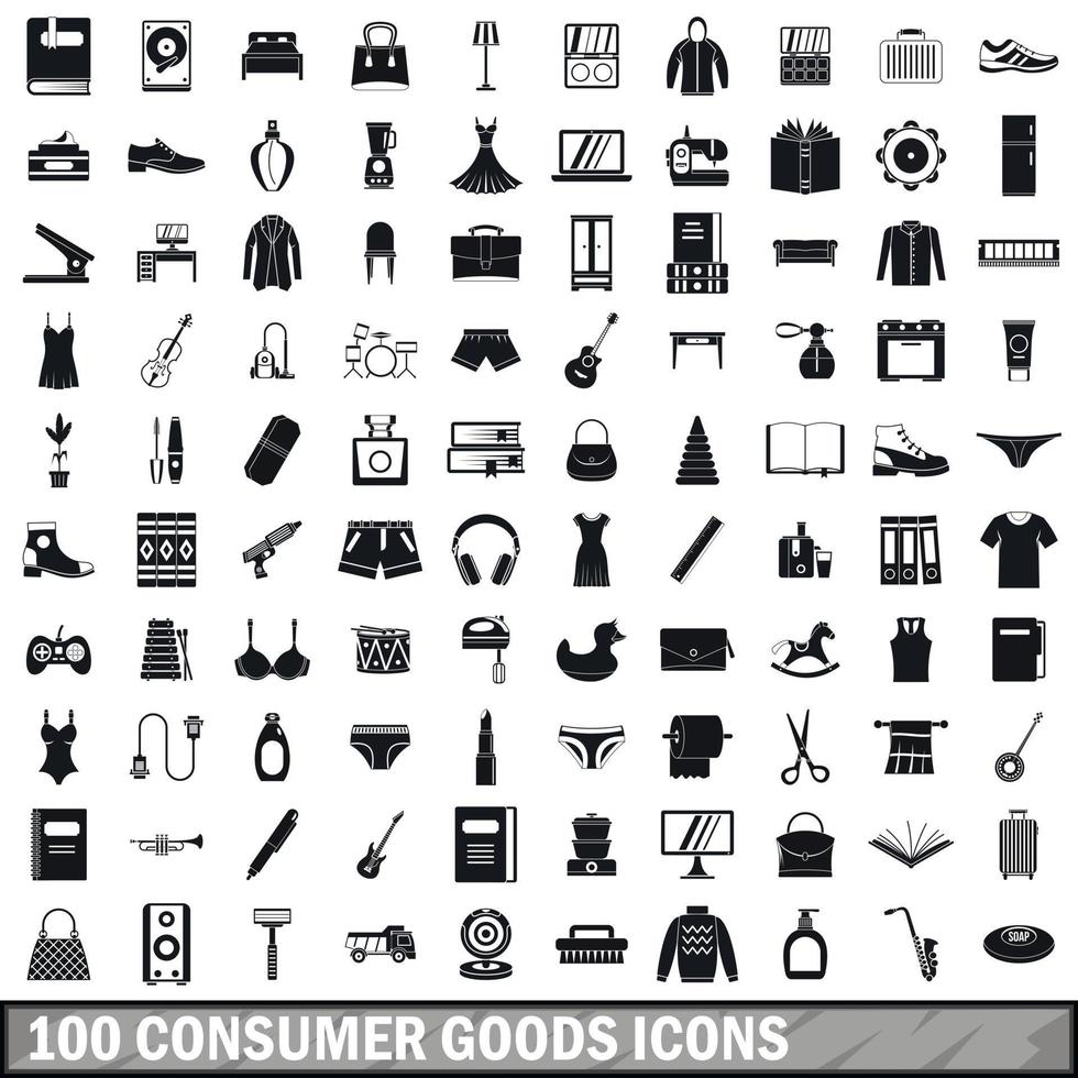 100 consumptiegoederen iconen set, eenvoudige stijl vector