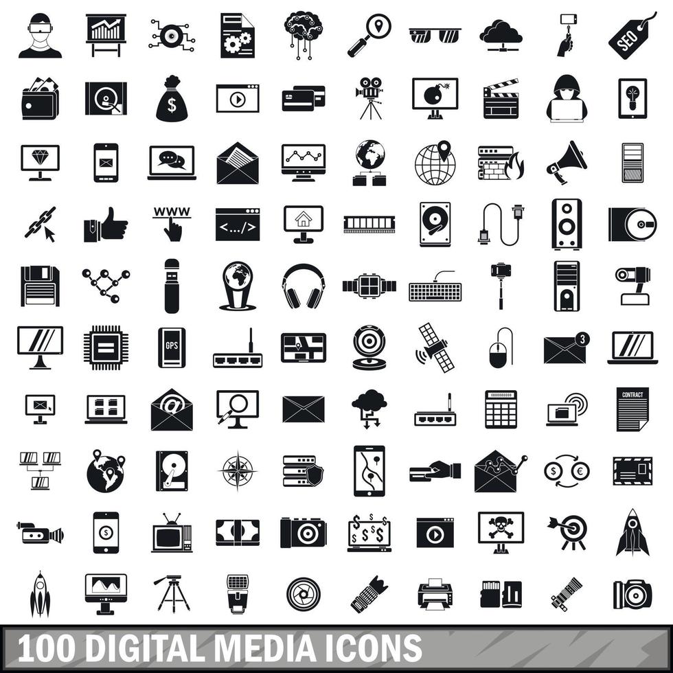 100 digitale media iconen set, eenvoudige stijl vector