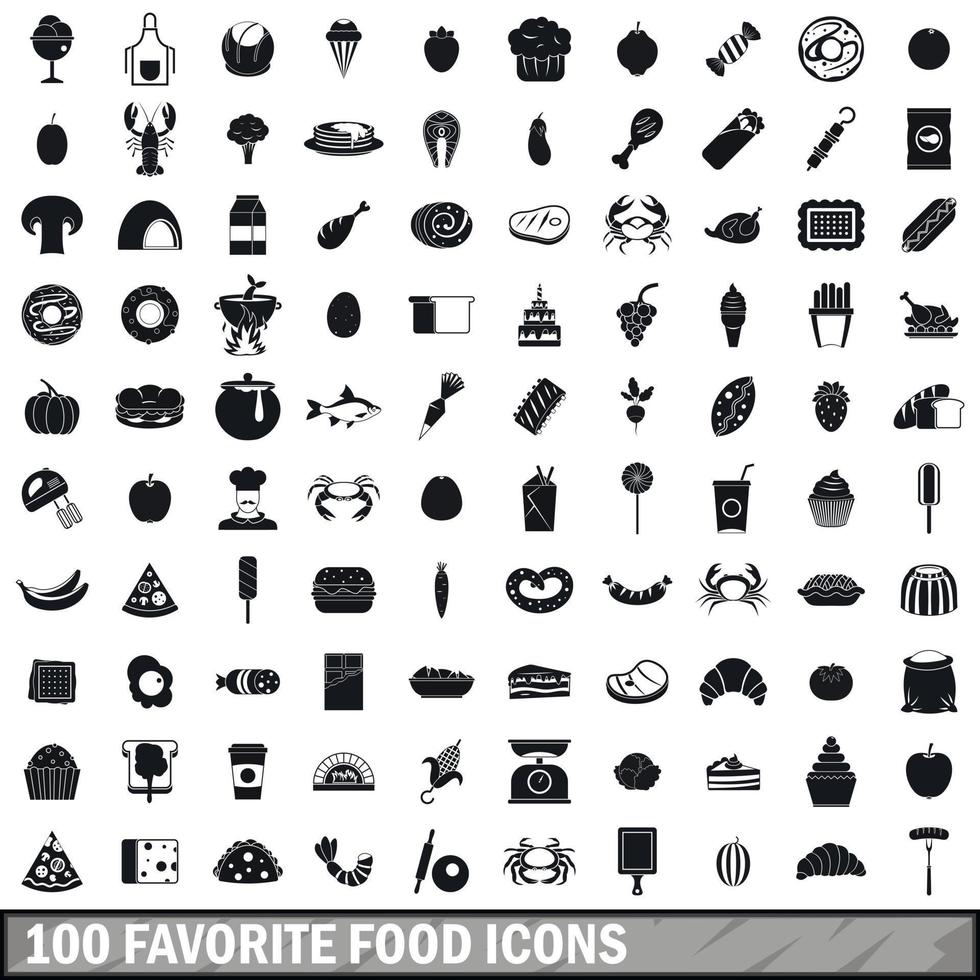 100 favoriete eten iconen set, eenvoudige stijl vector