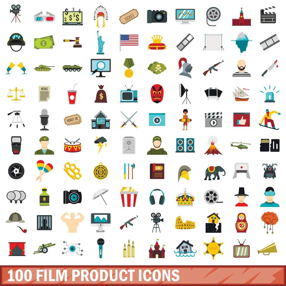 100 film product iconen set, vlakke stijl vector